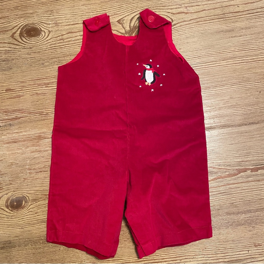 Fantaisie Kids Red Christmas Corduroy Baby Overall with Penguin Design John John
